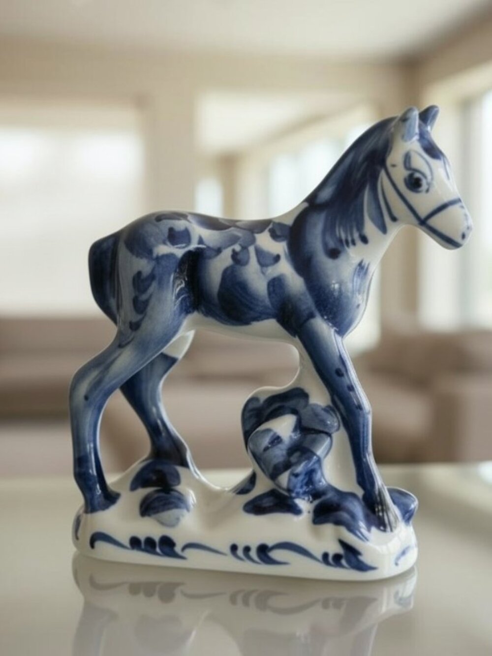 Gzhel Porcelain Horse Figurine Hand Painted Cobalt Blue White Made in Russia